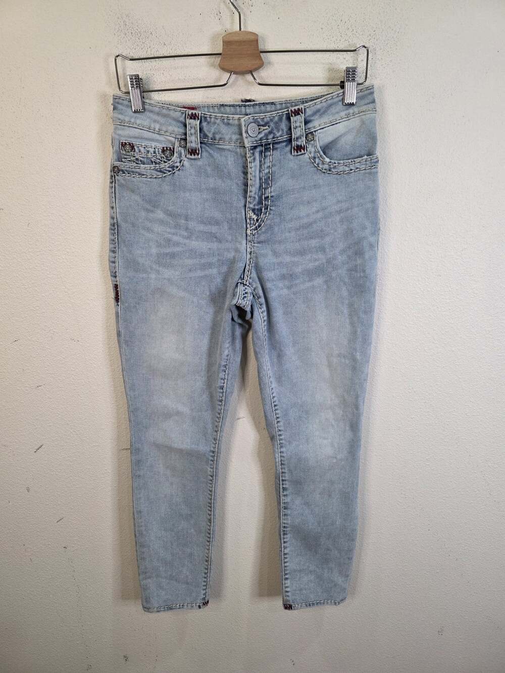 True Religion Jennie Mid Rise Super T Light Wash Sz 29x26" Stretch Thick Stitch